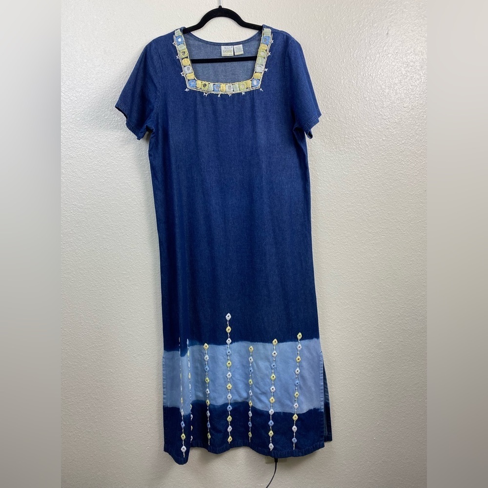 Vintage Denim Midi Dress Shirt Long Sleeve Embroidered Square neck Coastal Boho